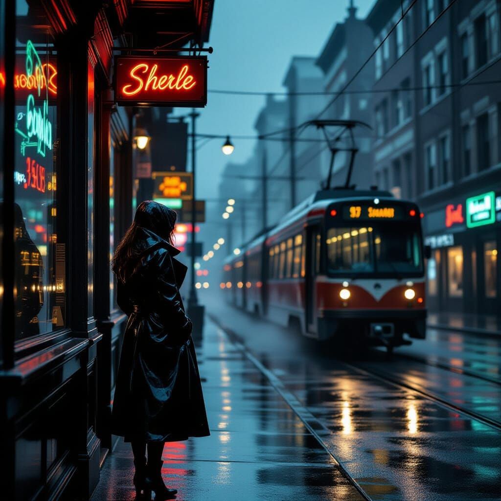Rainy Philadelphia Street Scene in Film Noir Style