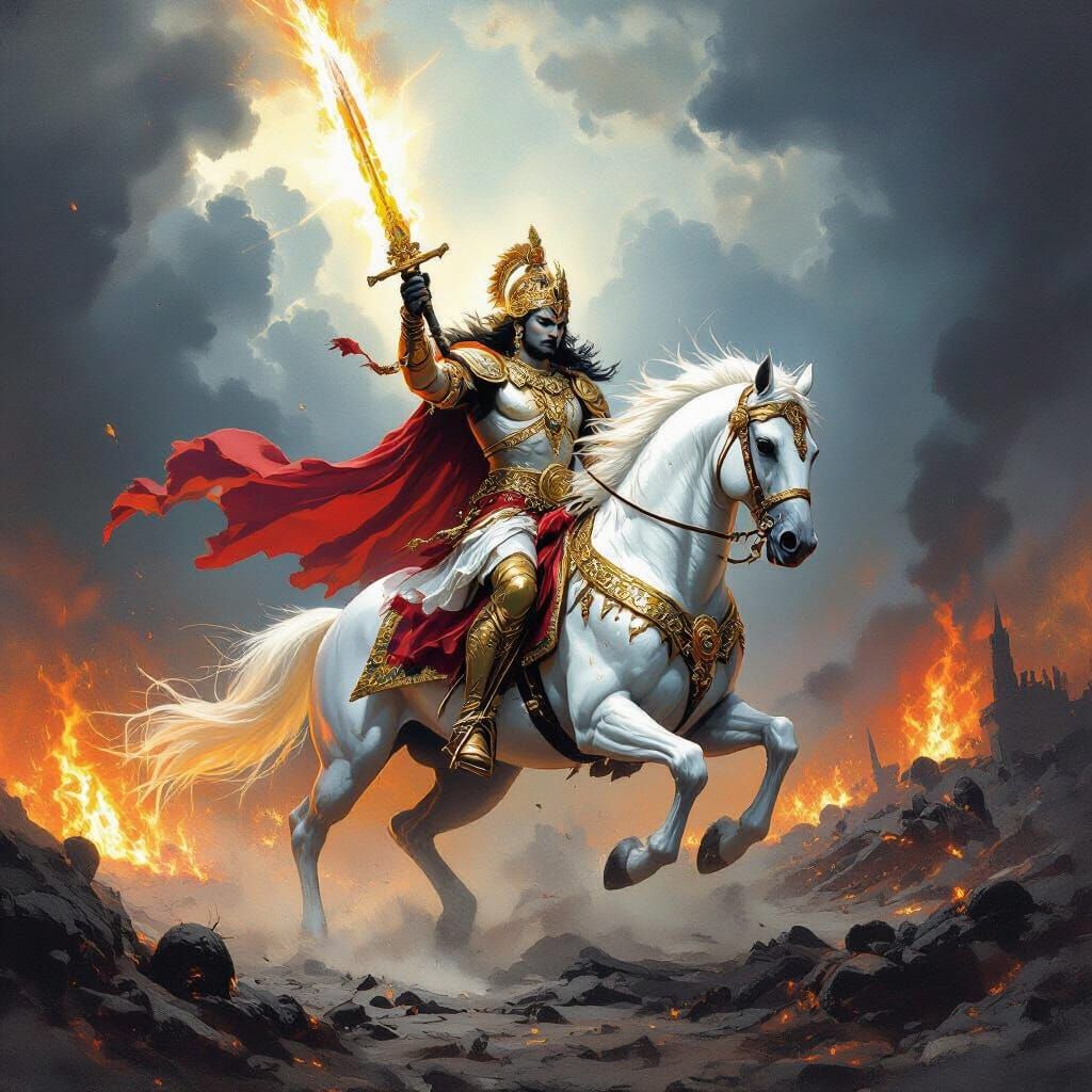 Lord Kalki on White Horse in Epic Fantasy Style