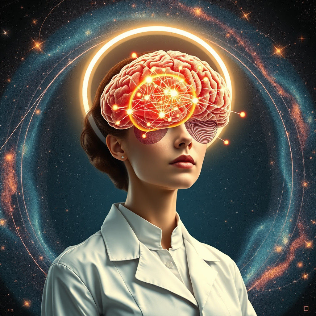 Futuristic Scientist Surrounded by Equations and Galaxies