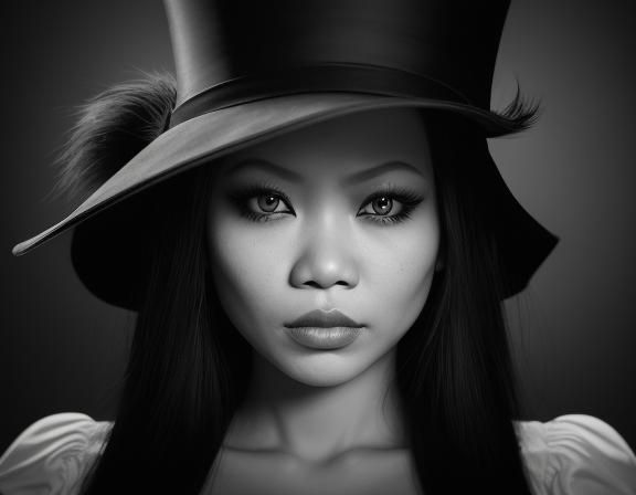 Green-Eyed Filipina in Noir Portrait with Top Hat