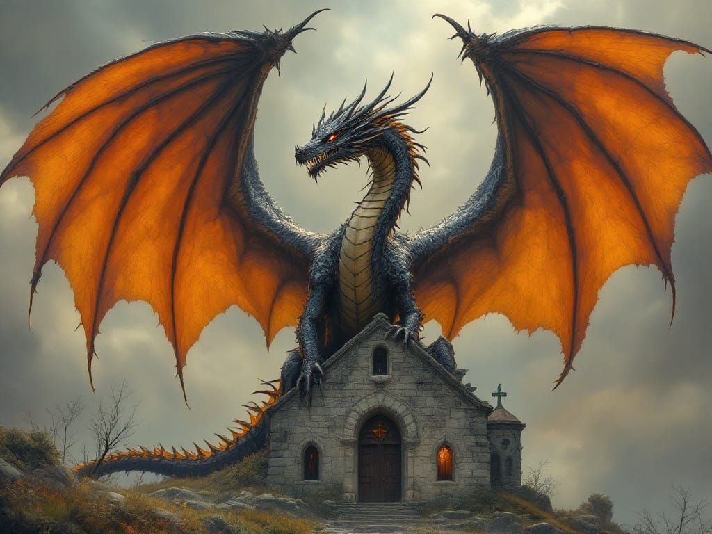 Copper Dragon Perched on Ruined Romanesque Church