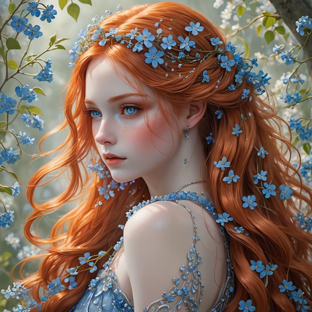 Anime Style Woman with Forget-Me-Not Crown