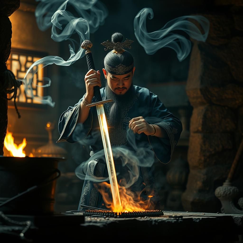 Mystical Blacksmith Forging Sword in Ancient Chinese Forge