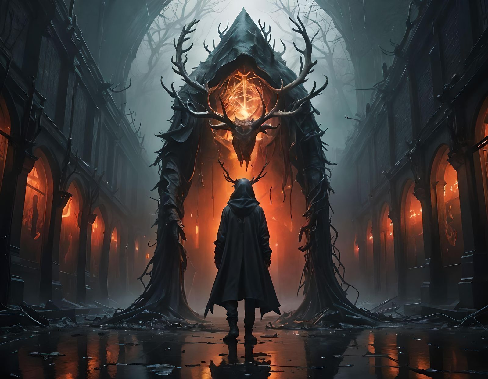 Cyberpunk Cult Figure with Antlers in 8K