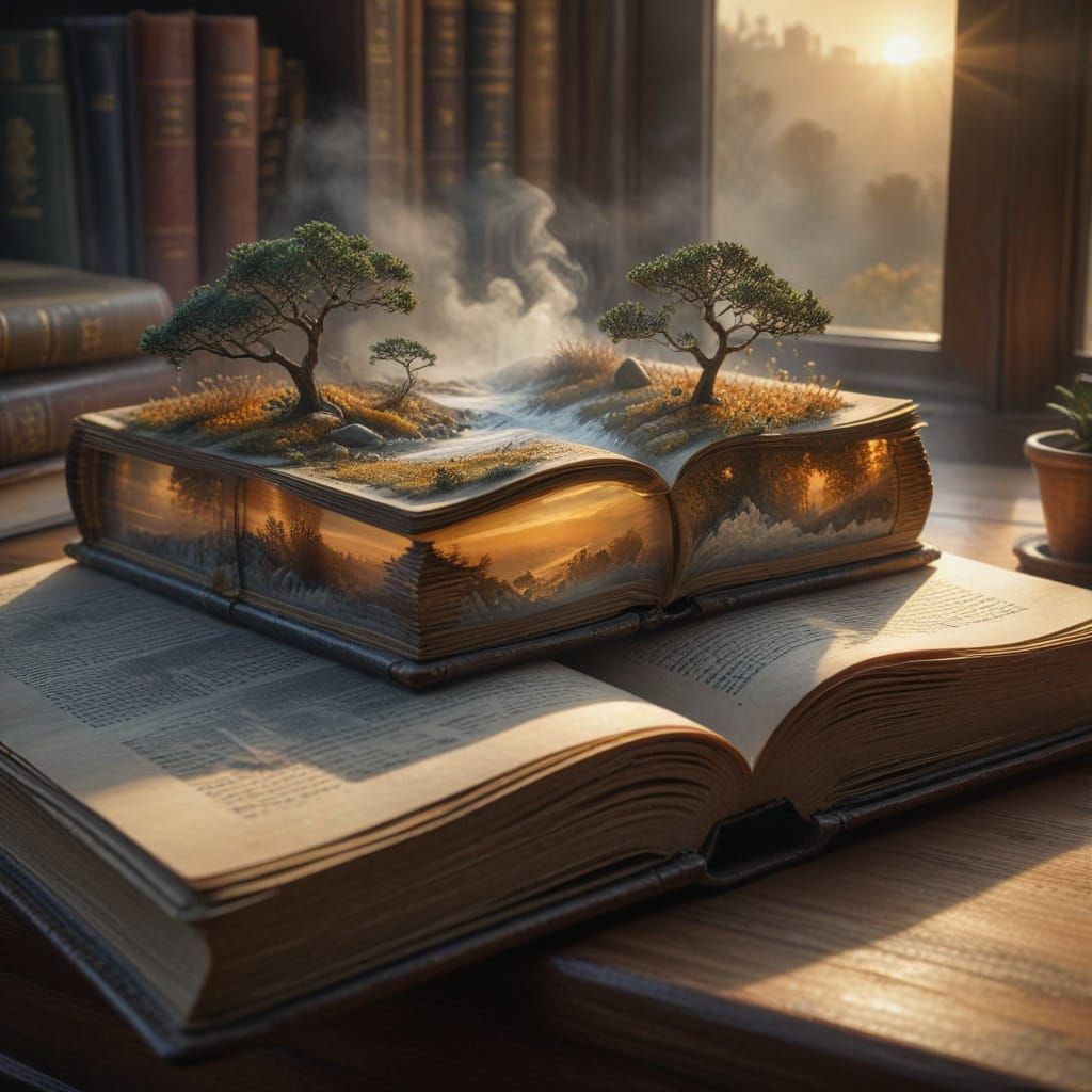 Miniature Landscape Emerges From Open Antique Book