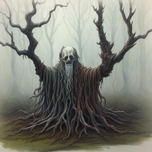 Watercolor of a Terrifying Wood Witch Ghost