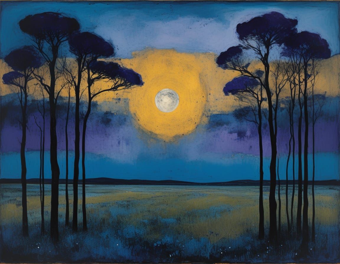 Ethereal Night Landscape in Vibrant Blues and Violets