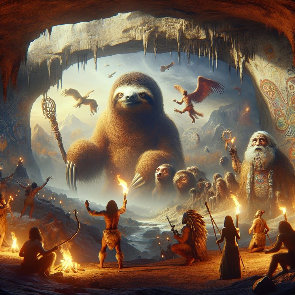 Fantasy Sloth God Cave Art in Warm Torchlight