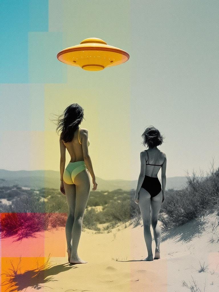 Women on Dune Stare at UFO as Kandinsky Painting