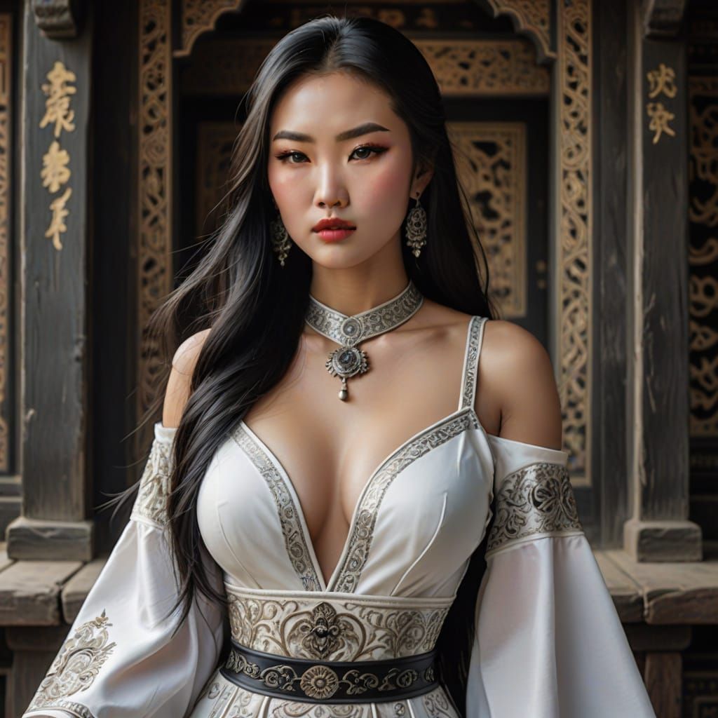 Mongolian Supermodel in White Deel: Voluptuous Portrait
