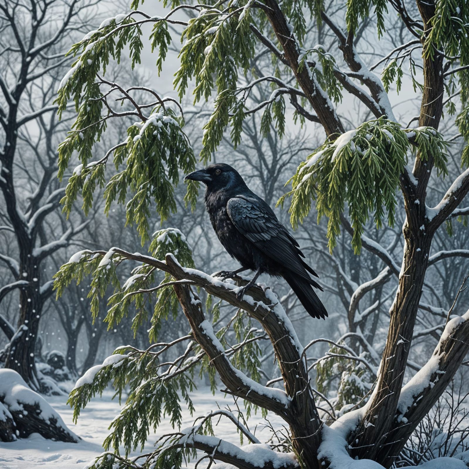 Raven and Green Willow in Snowy Landscape