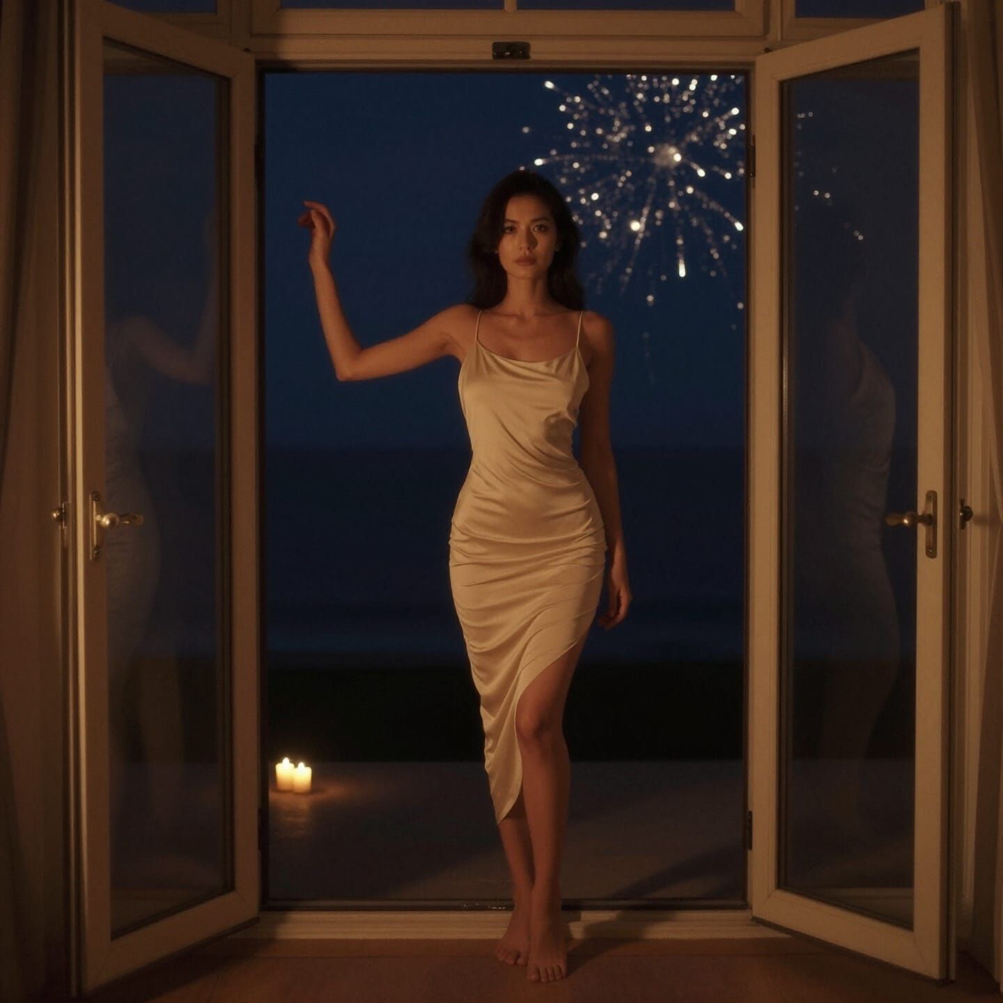 Woman in Minimalist Gown at Coastal Villa Before Midnight