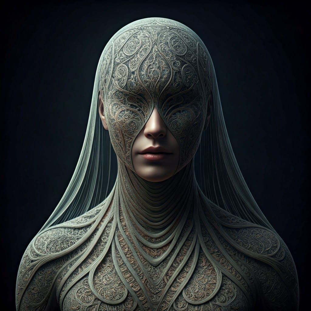 Faceless Figure in Ethereal Filigree: A Surreal Vision