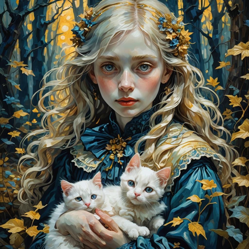Victorian Ghost Girl with Kitten: Impressionist Portrait