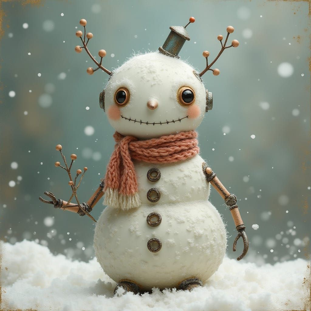 Surreal Robot Snowman in Whimsical Pop Surrealism