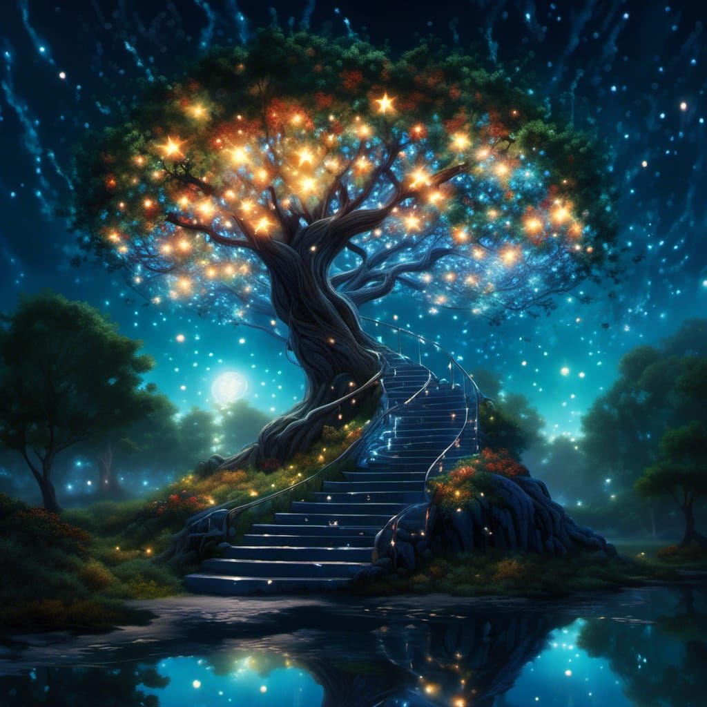 Glowing Cosmic Apple Tree with Fireflies