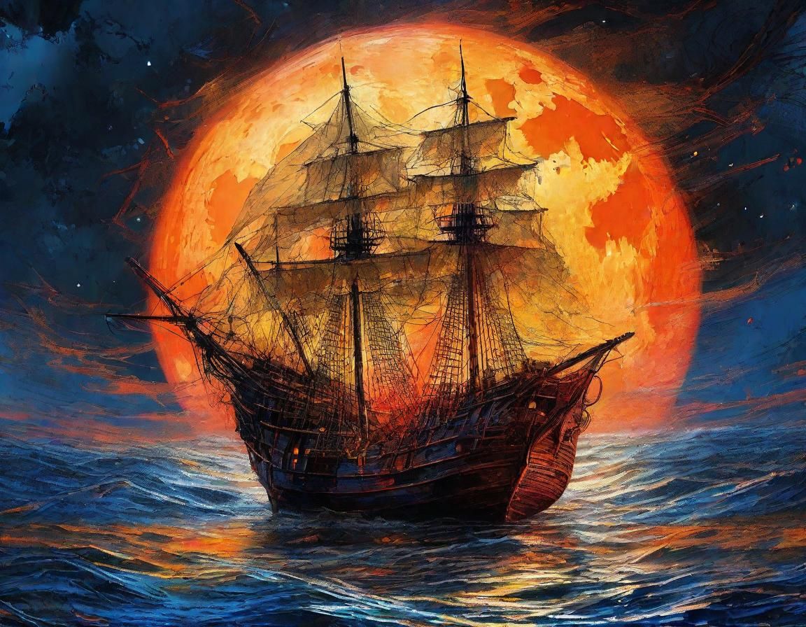 Halloween Moon Over Red Ship: Digital Art