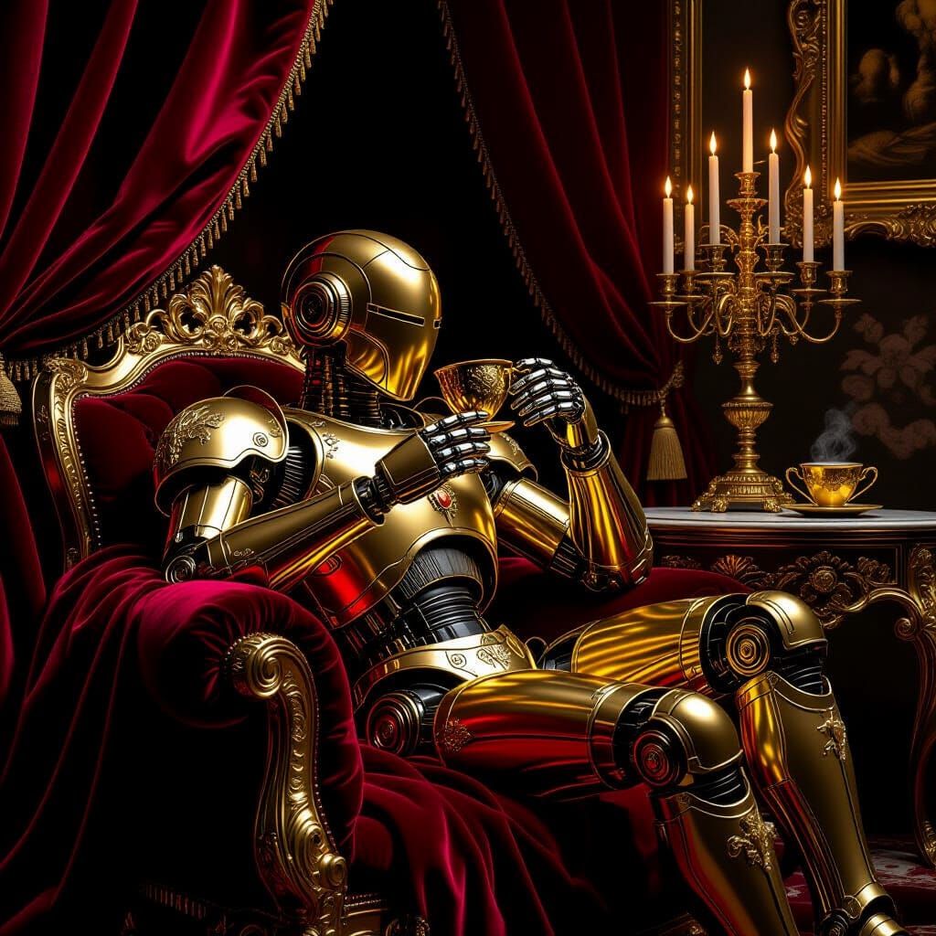 Gilded Robot in Baroque Opulence with Chiaroscuro