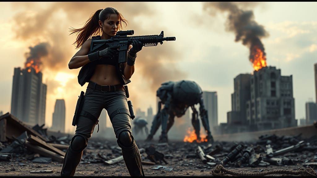 Warrior Woman in War-Torn Cityscape: Hyperrealistic Film Sti...