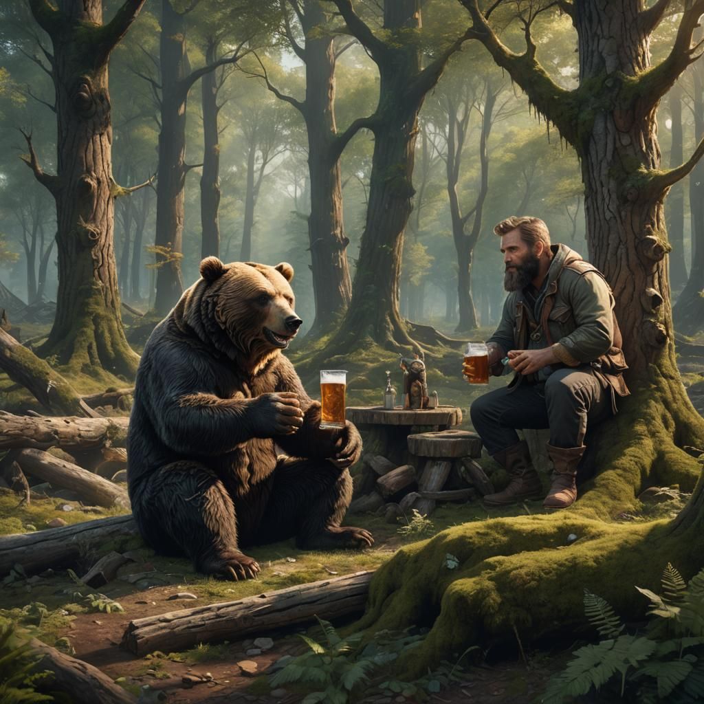 Bear and Bearded Man Share Beer in Woods