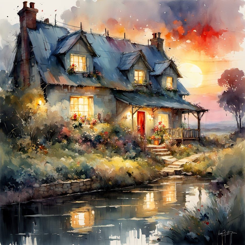 Whimsical Watercolor Fairytale Cottages at Sunset