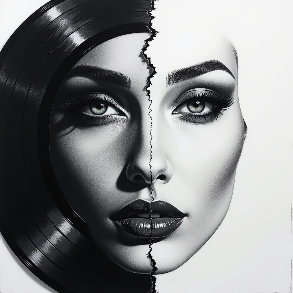 Faded Face Emerges from Black Vinyl Record in Charcoal Drawi...