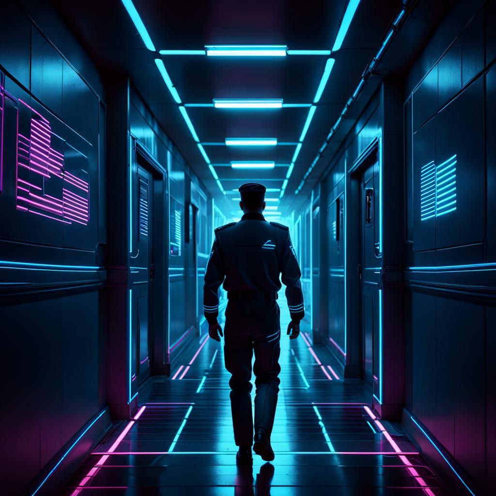 Synthwave Starfleet Officer in Neon Corridor