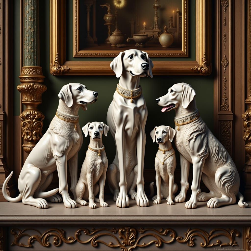 Hyperrealistic Dog Ornaments on Mantelpiece