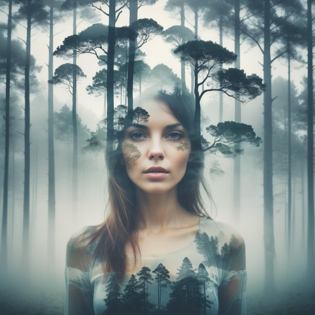 Surreal Double Exposure: Woman in Misty Upside-Down Forest