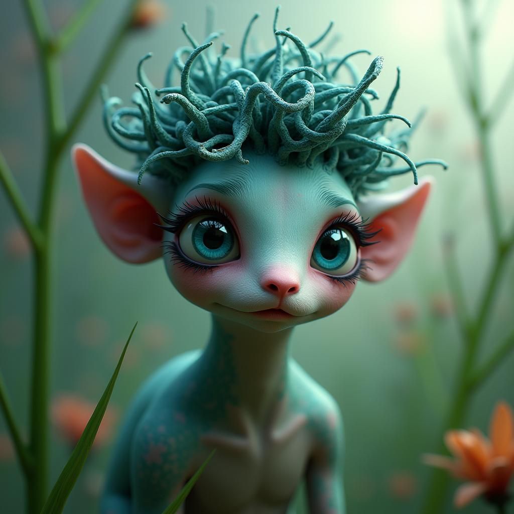 Ethereal Creature with Grass Hair in Surreal Landscape