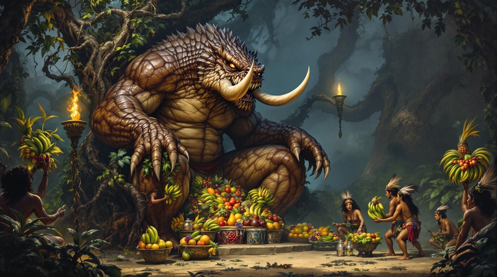 Reptilian Beast King Enthroned, in Dark Fantasy Style