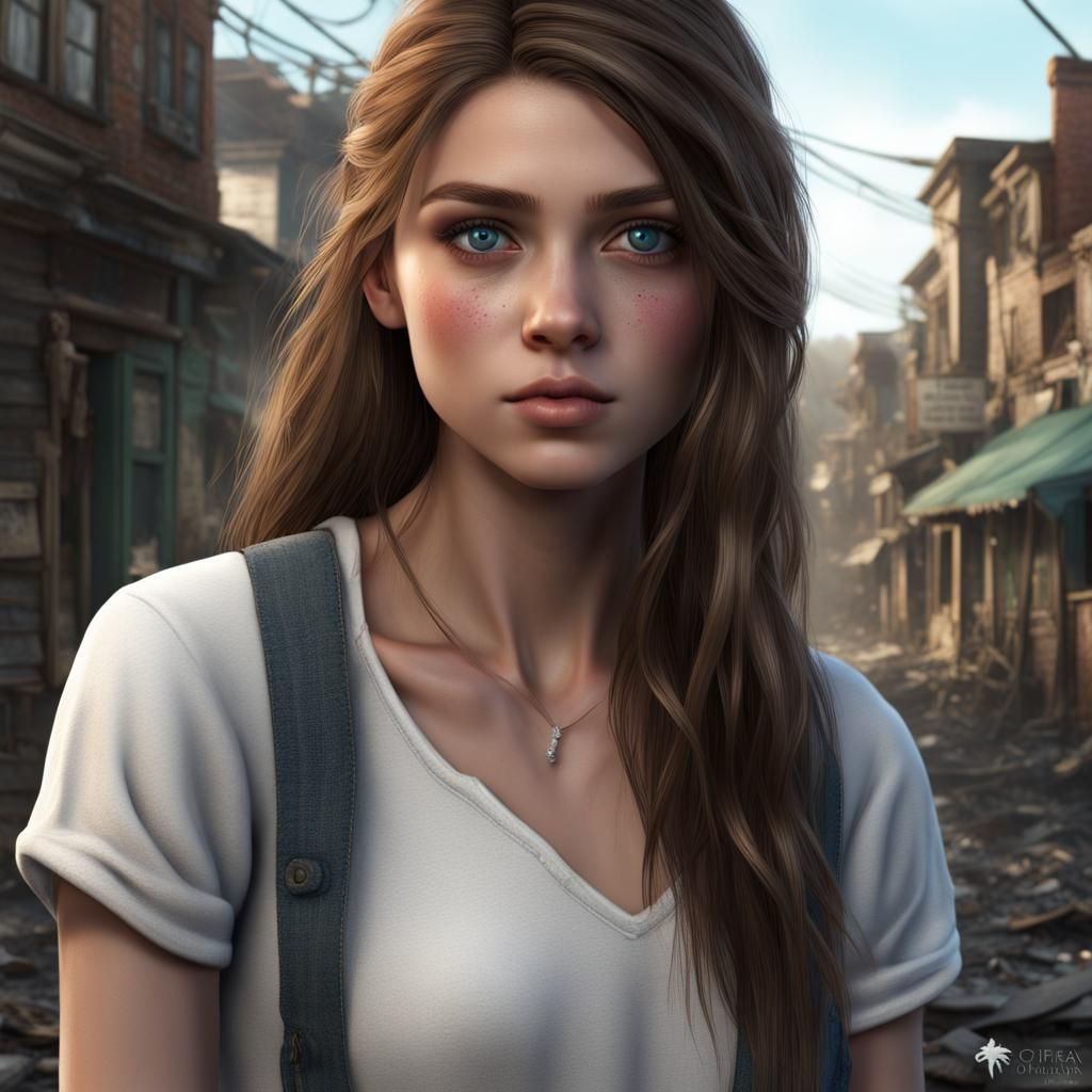 Girl with Brown Hair in Small Town, Digital Art