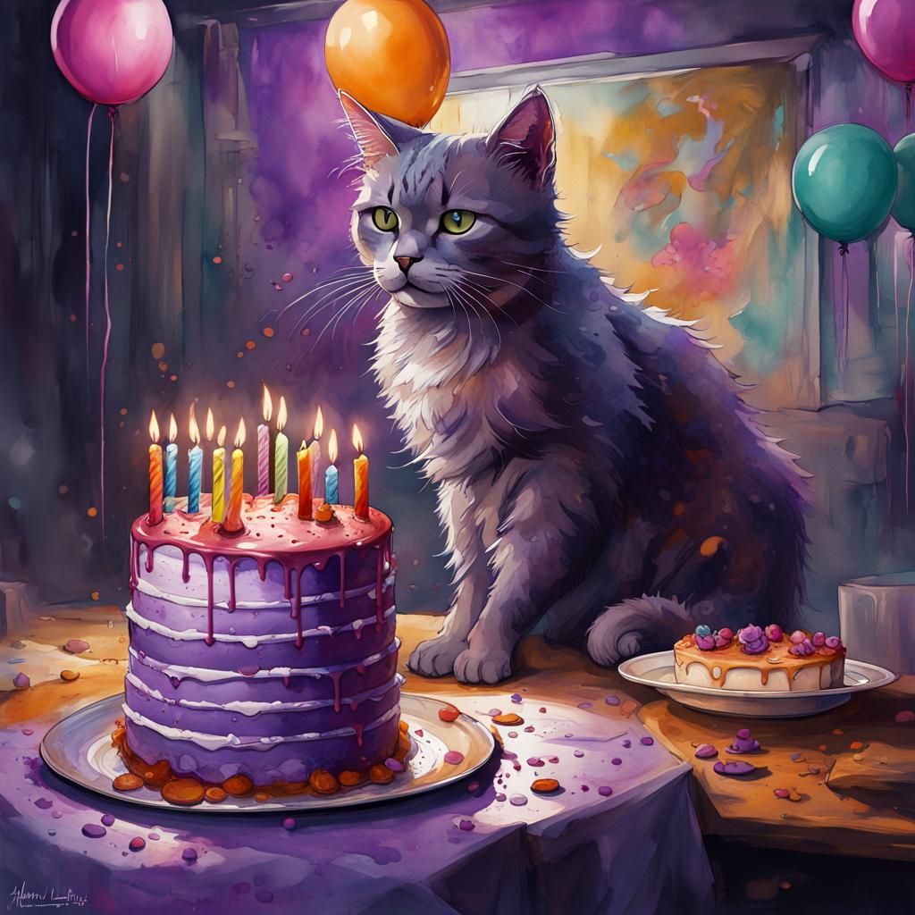 Cats' Birthday Party in Watercolour Graffiti Art