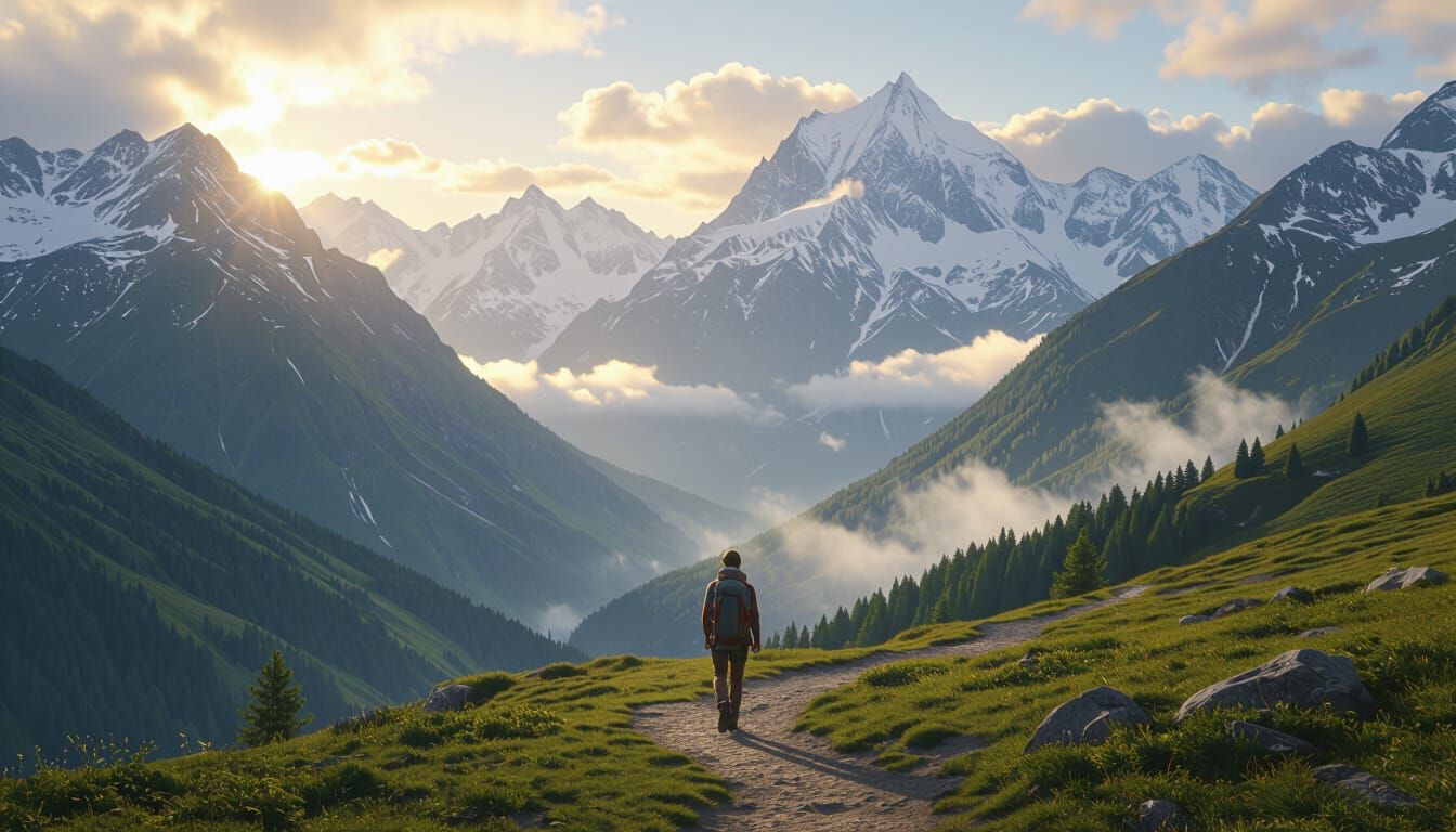 Lone Hiker on Mountain Path in Golden Light