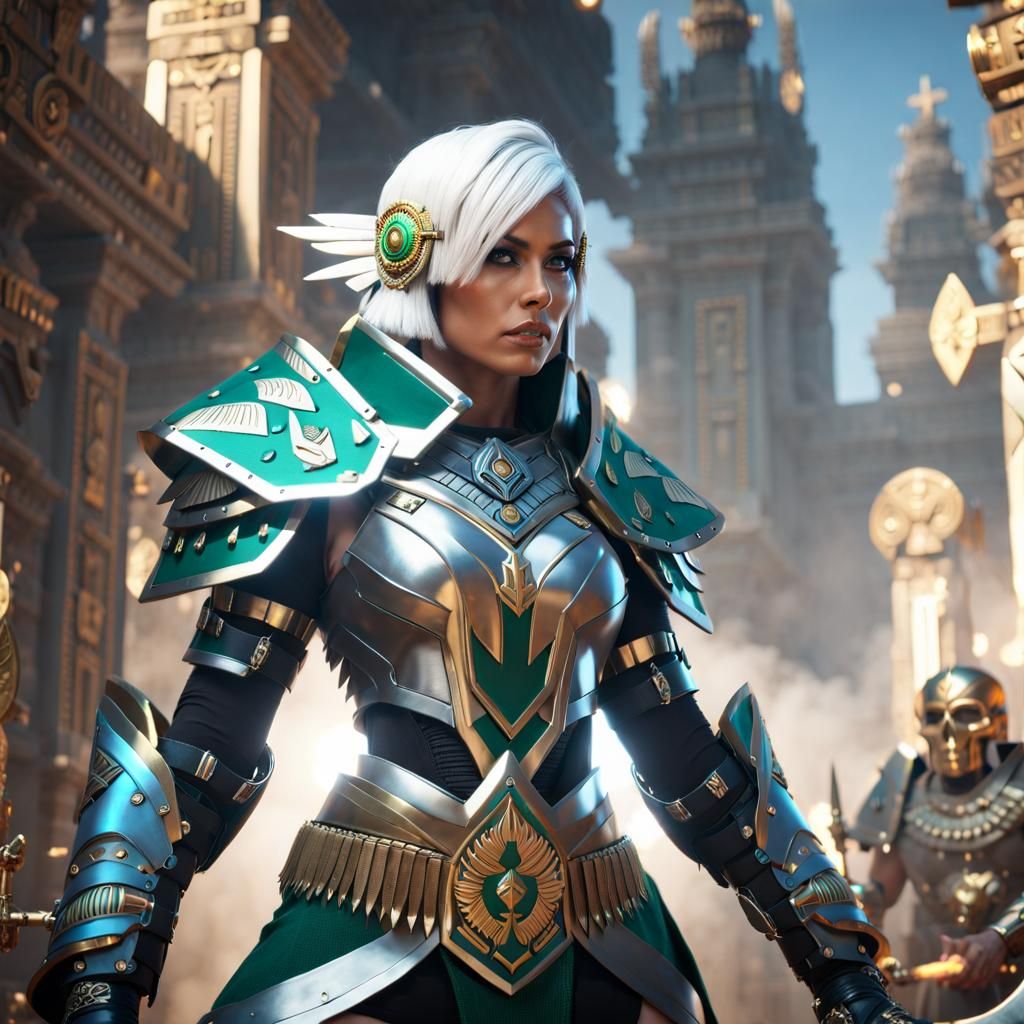 Aztec Warrior Woman with Flaming Sword in Cyberpunk Style