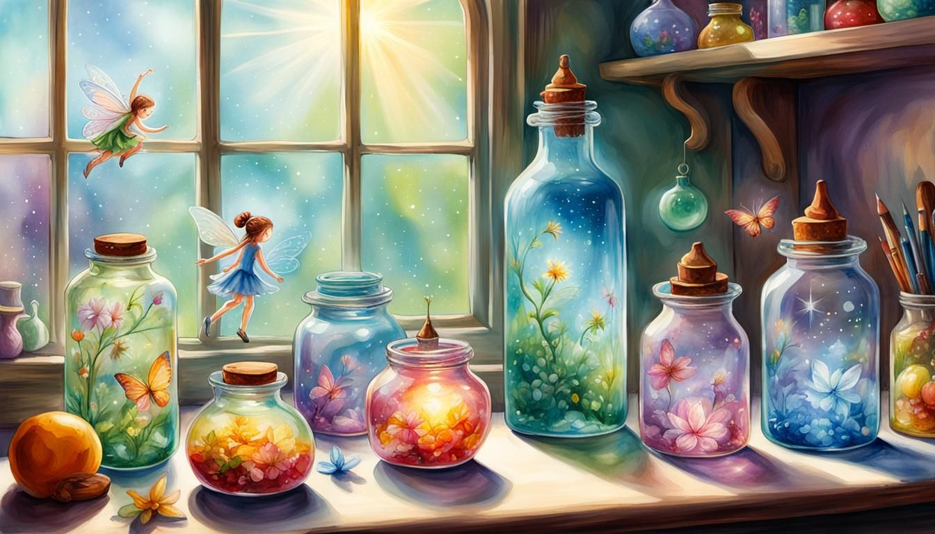 Fairies and Luminescent Bottles as Watercolor Painting