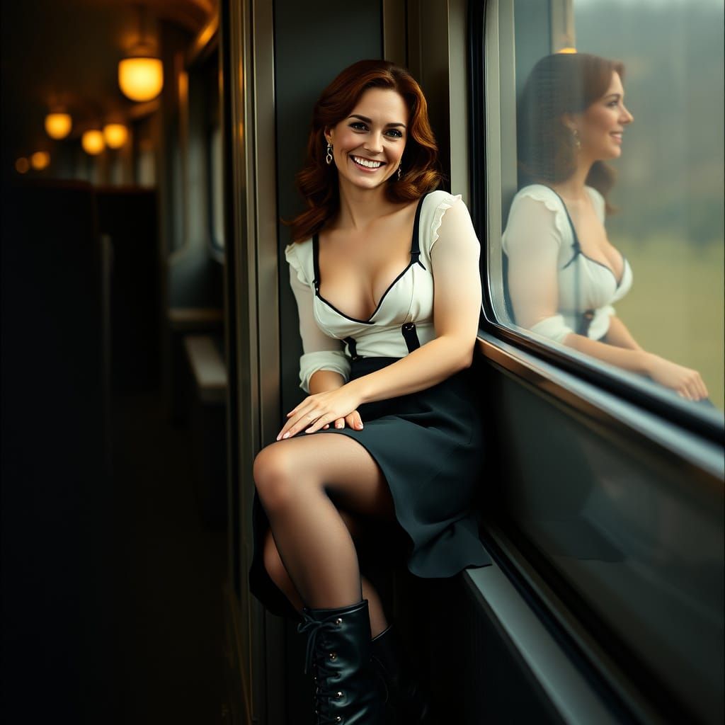 Glamorous Redhead on Train in Wartime Photo Style