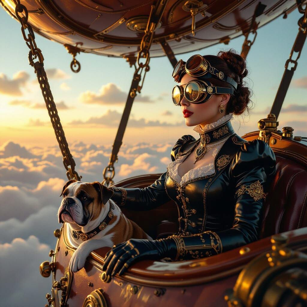 Steampunk Pilot in Victorian Attire Navigates Airship