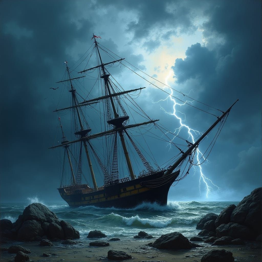 Majestic Shipwreck Amidst Turbulent 18th-Century Stormy Seas...