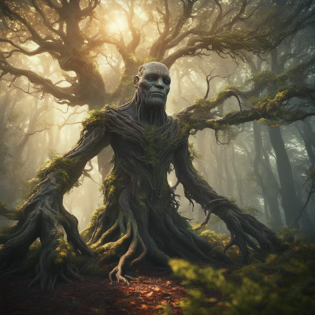 Humanoid Tree Creature in Mystic Forest