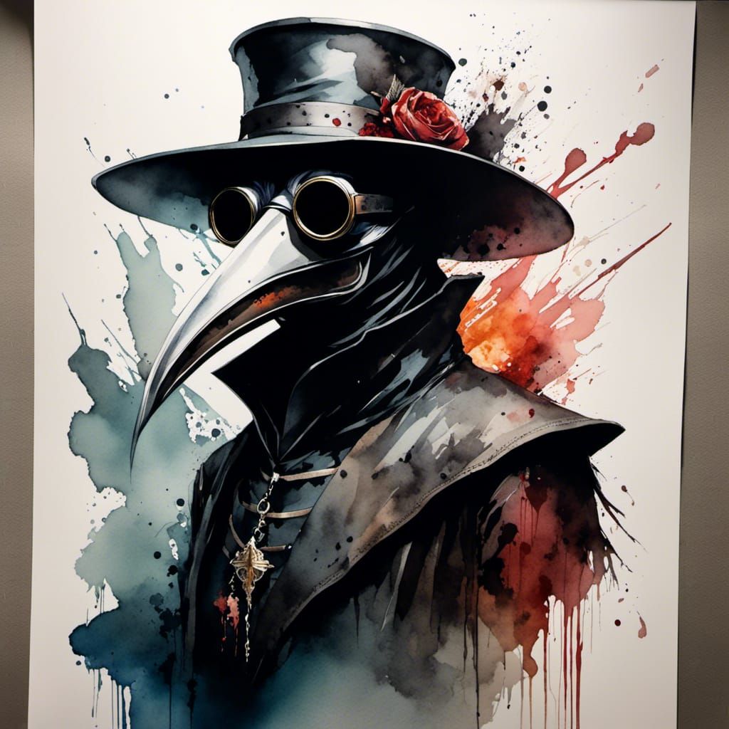 Watercolor Plague Doctor in Horror Style
