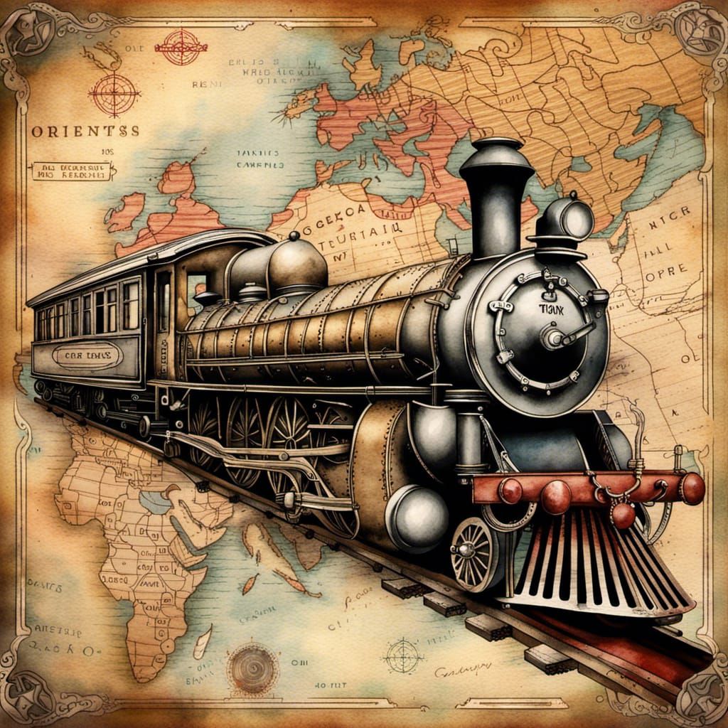 Antique Train Map in Watercolor and Ink