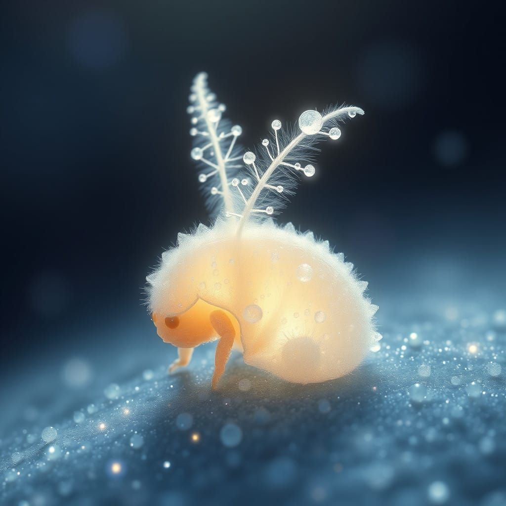 Whimsical Baby Tardigrade in Ethereal, Glittering Silk Coat
