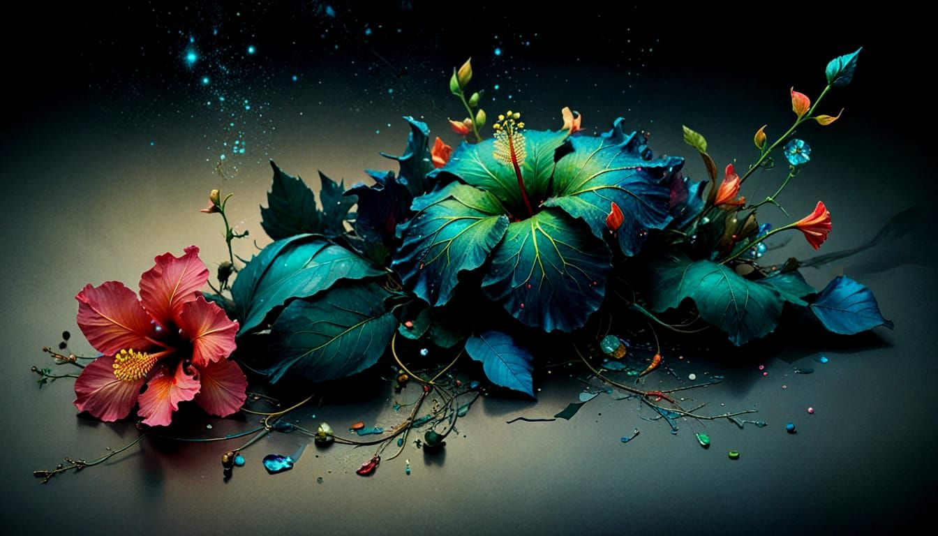 Glowing Hibiscus Flowers at Twilight in Fiber Optics Rainbow...