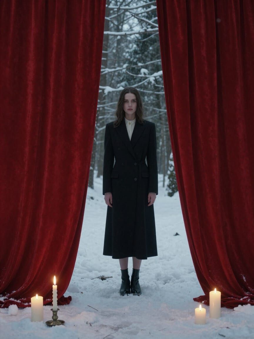Surreal Christmas Forest Scene with Woman in Red Curtains