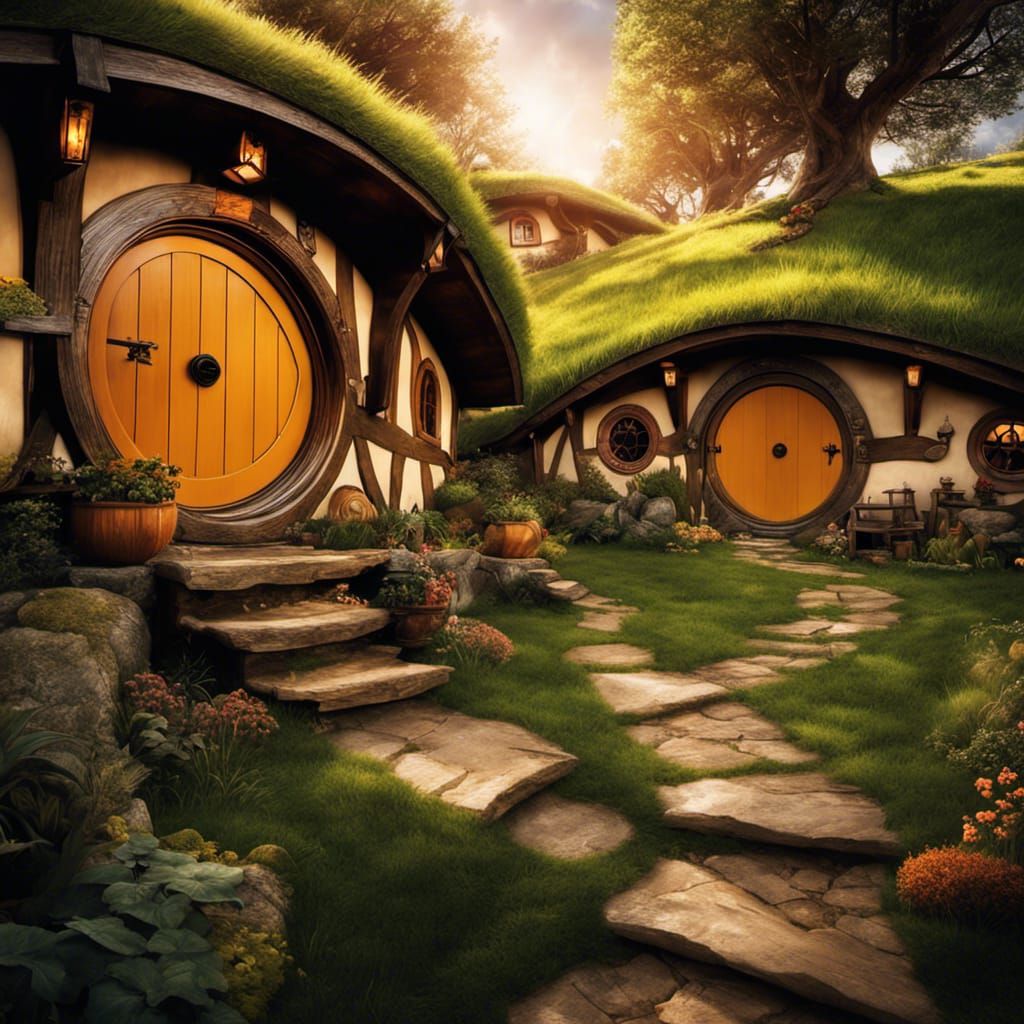 Hyperrealistic Hobbit Houses Panorama