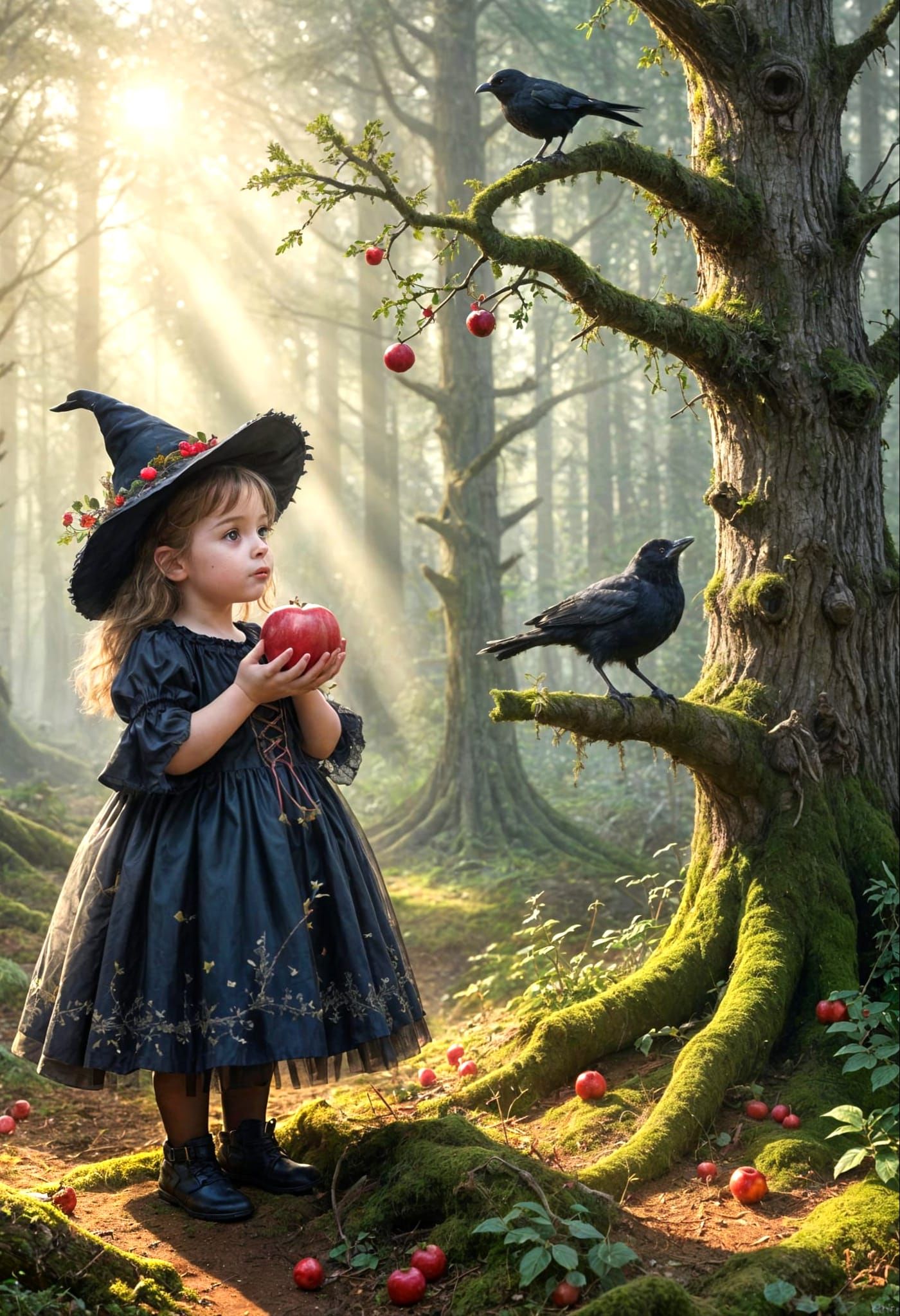 Whimsical Girl in Enchanted Forest Eats Apple
