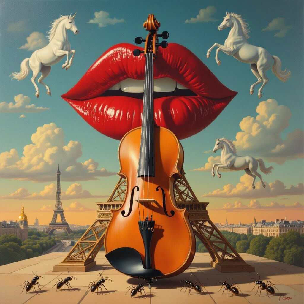 Surreal Eiffel Tower Violin Painting with Floating Lips