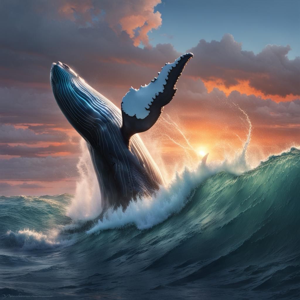 Whale's Tail Creates Ocean Splash at Sunset