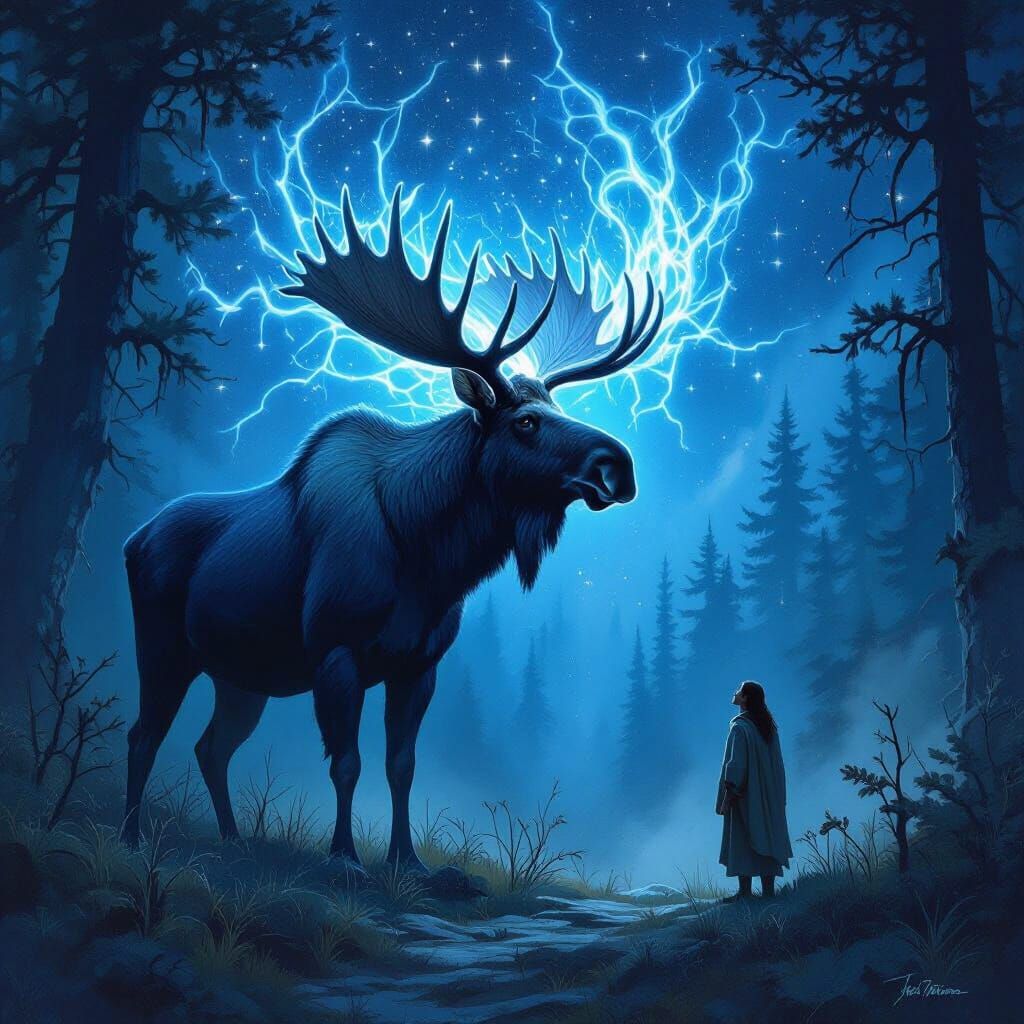 Human and Moose Spirit in Ancient Forest